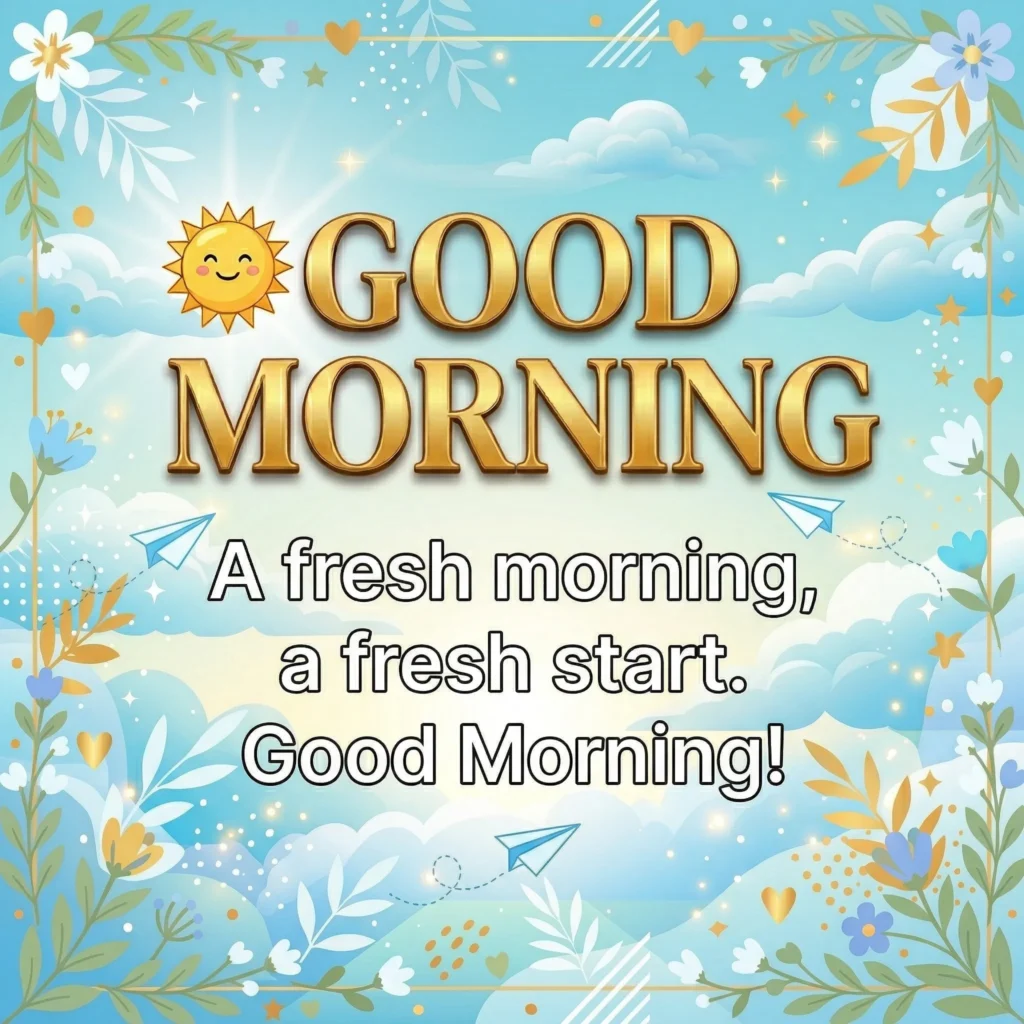 Good Morning greeting card with message: A fresh morning, a fresh start. Good Morning!