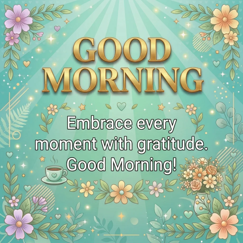 Good Morning greeting card with message: Embrace every moment with gratitude. Good Morning!