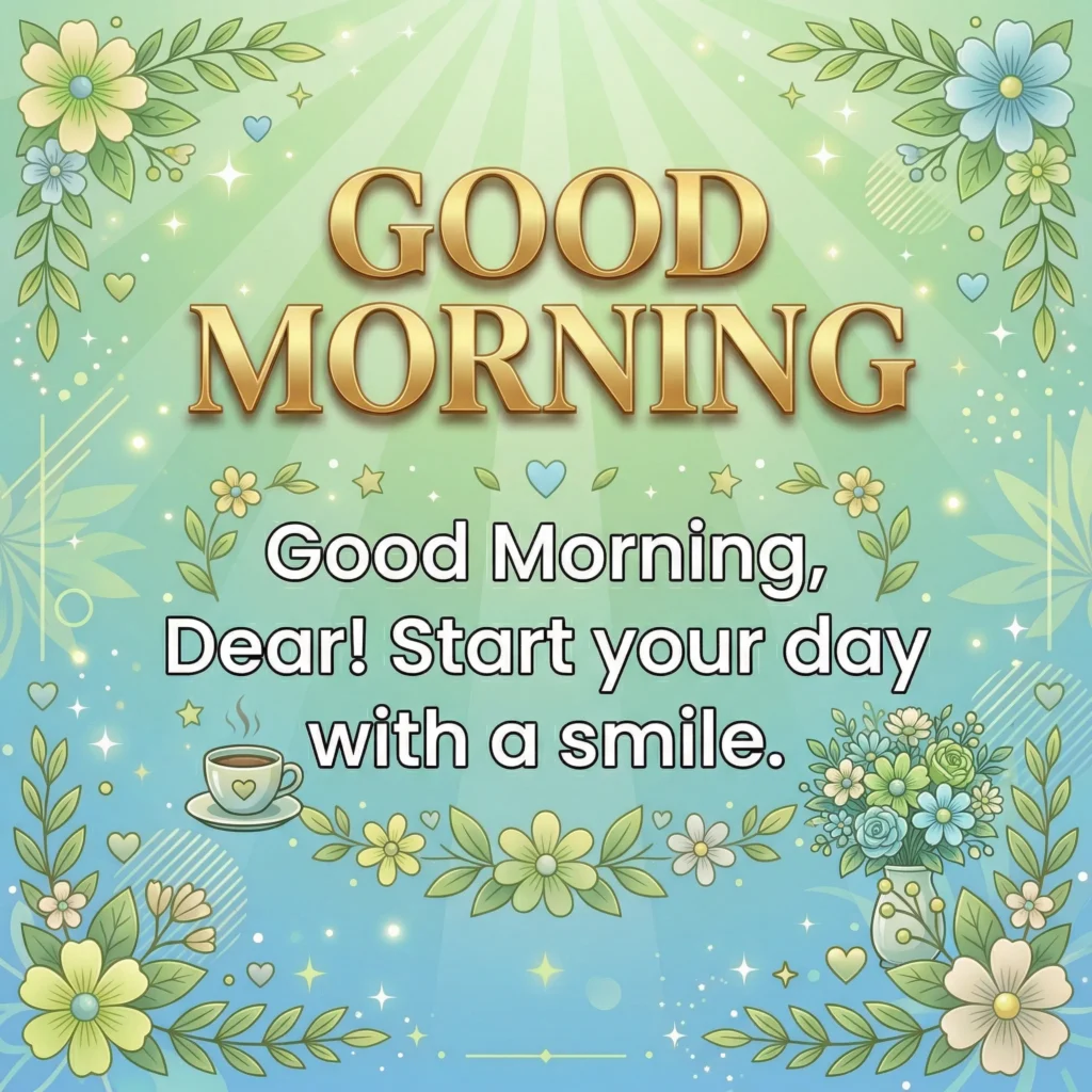 Good Morning greeting card with message: Good Morning, Dear! Start your day with a smile.