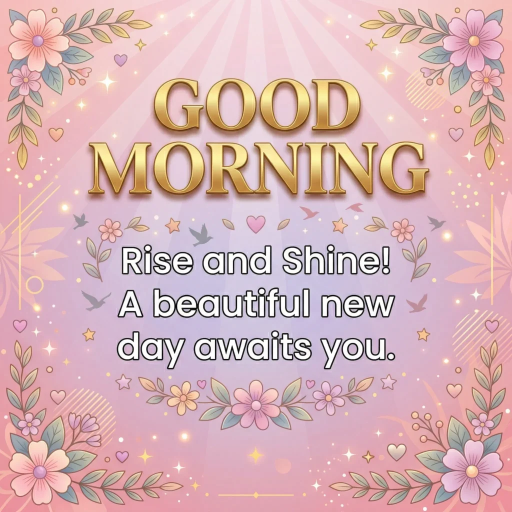 Good Morning greeting card with message: Rise and Shine! A beautiful new day awaits you.