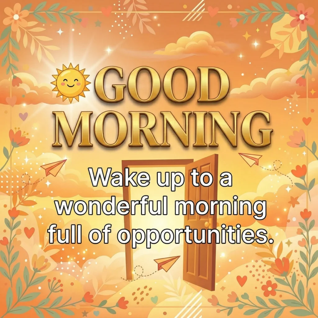 Good Morning greeting card with message: Wake up to a wonderful morning full of opportunities.