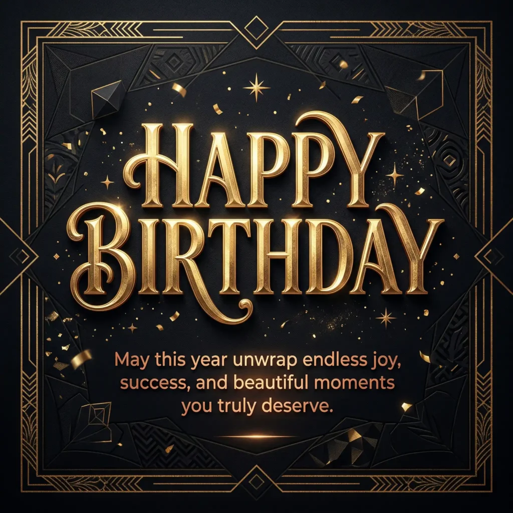 Luxury birthday wish image with dark gold foil design and joyful long message