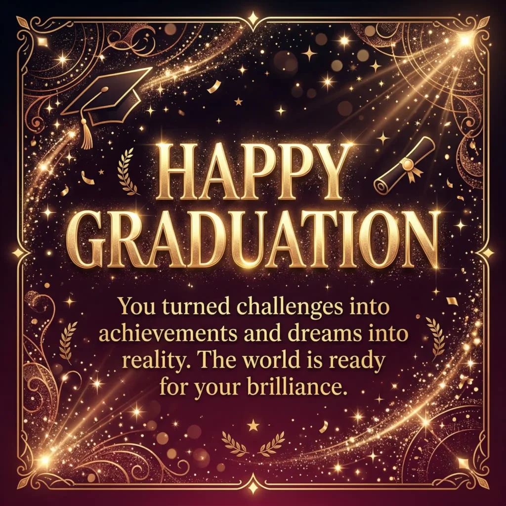Graduation wish image with dark luxury design and proud long message for class of 2026