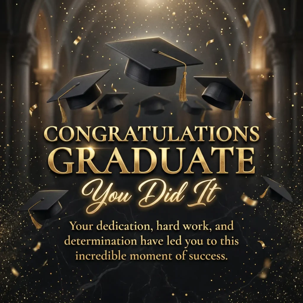 Black and gold luxury graduation image with bold congratulations message and premium academic design