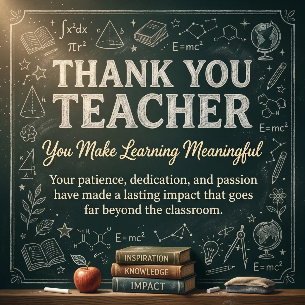 Chalkboard style teacher appreciation image with thank you message and academic design