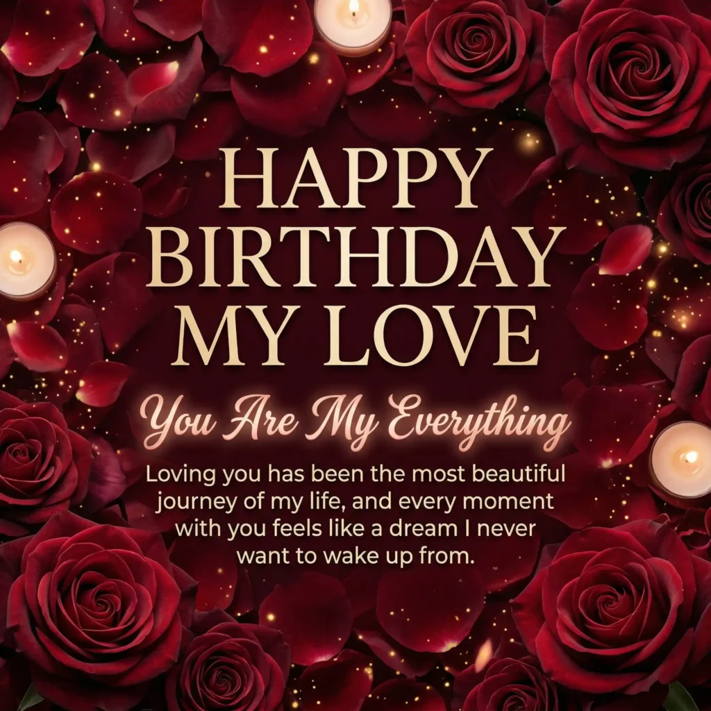 Deep red rose romantic birthday image for wife with emotional love message