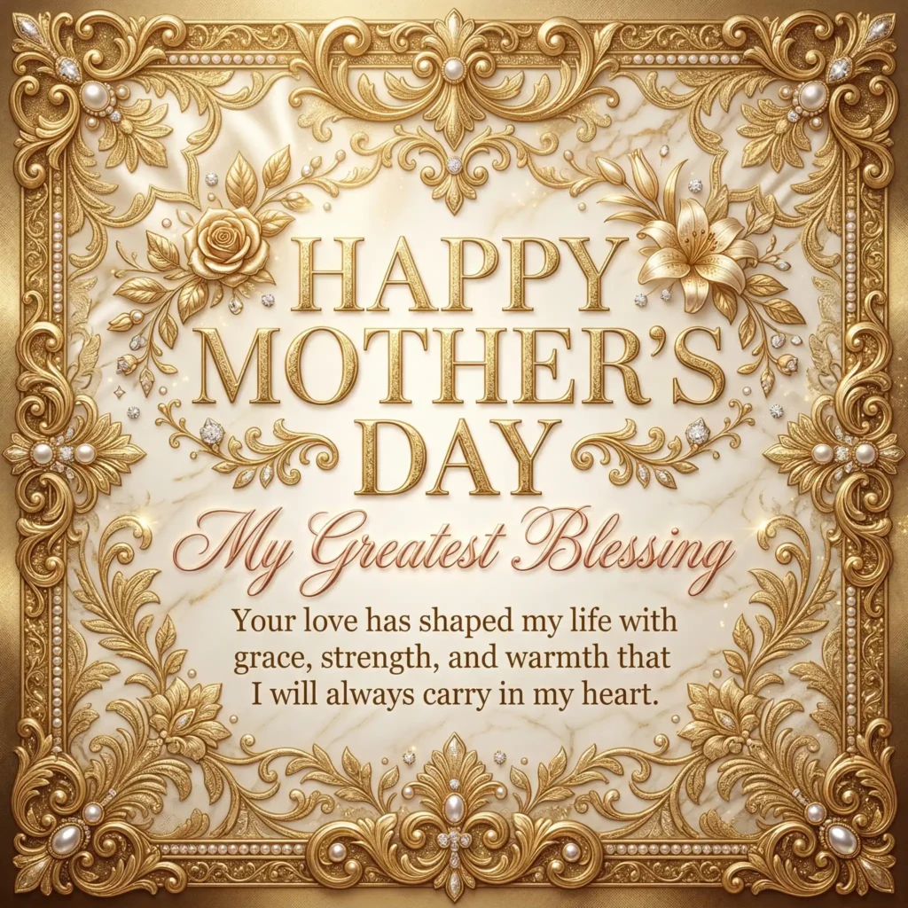 Ivory and gold luxury Mother’s Day image with rich floral emboss and heartfelt message