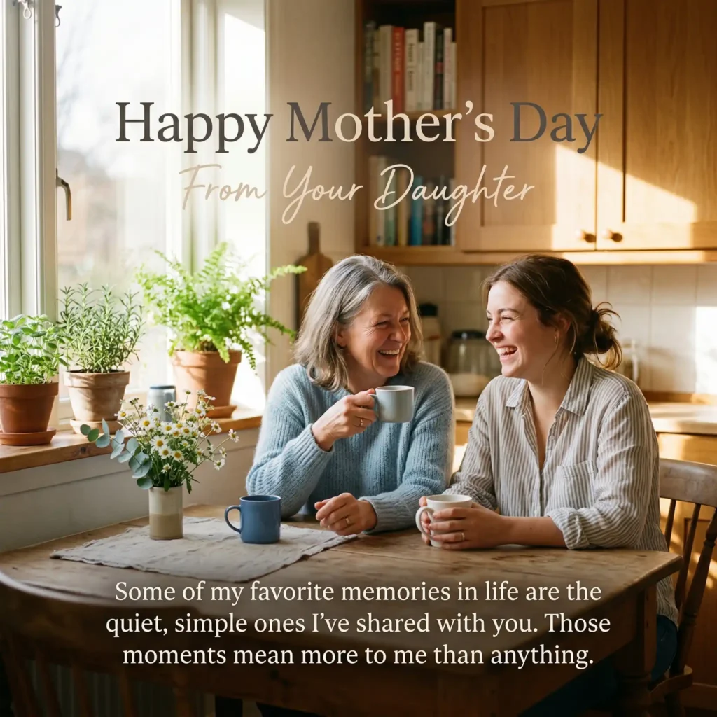 Mother daughter kitchen moment Mother’s Day image with emotional message from daughter