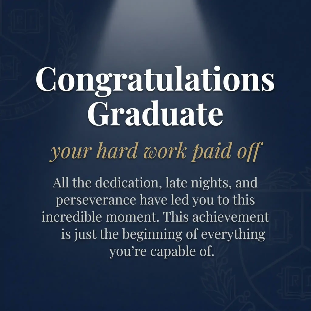 Navy blue academic graduation greeting image with elegant typography and success message