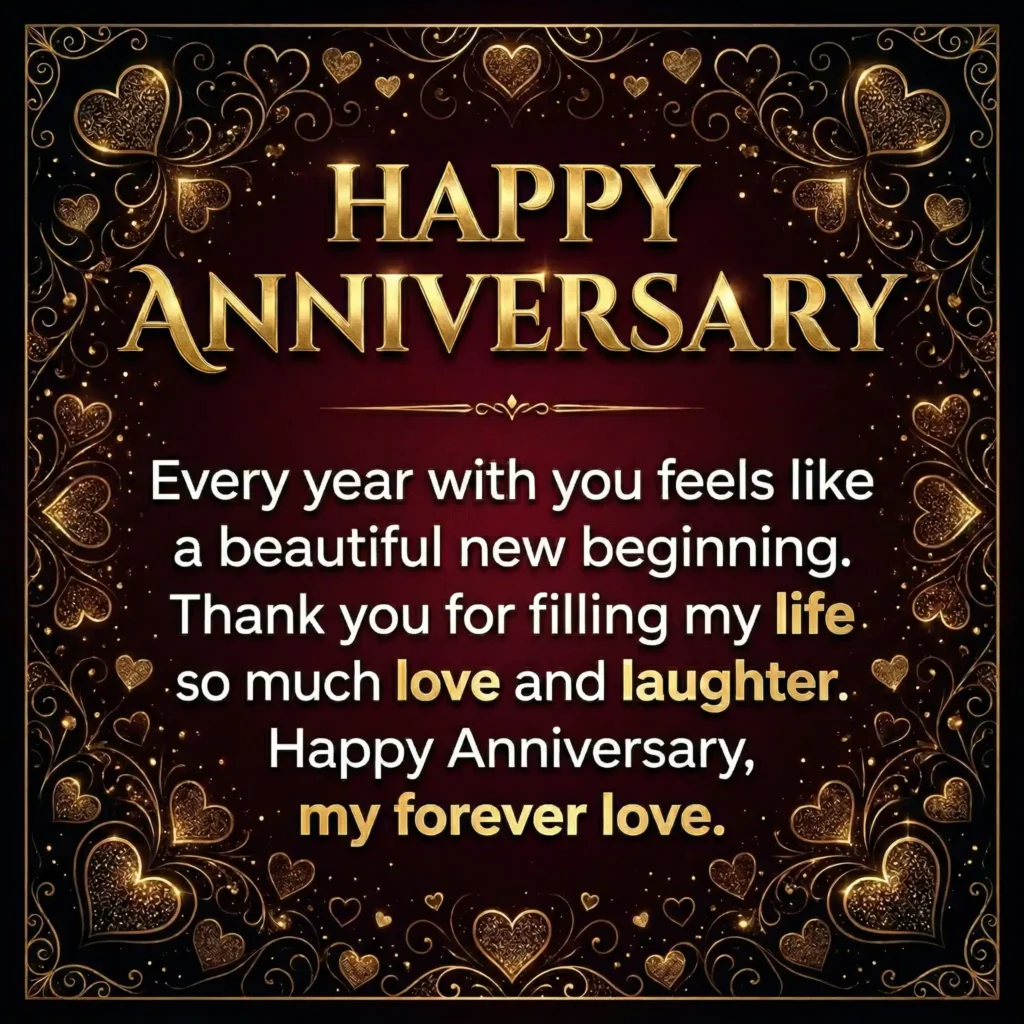 Anniversary wish image with light elegant background and romantic heartfelt message