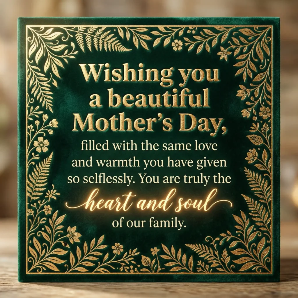 Emerald green and gold royal Mother’s Day greeting image with emotional message