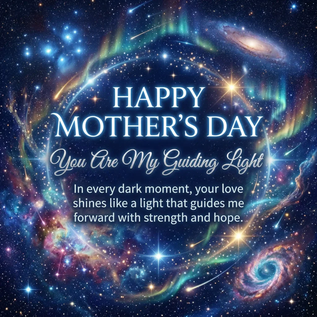 Deep blue galaxy Mother’s Day image with glowing stars and emotional message