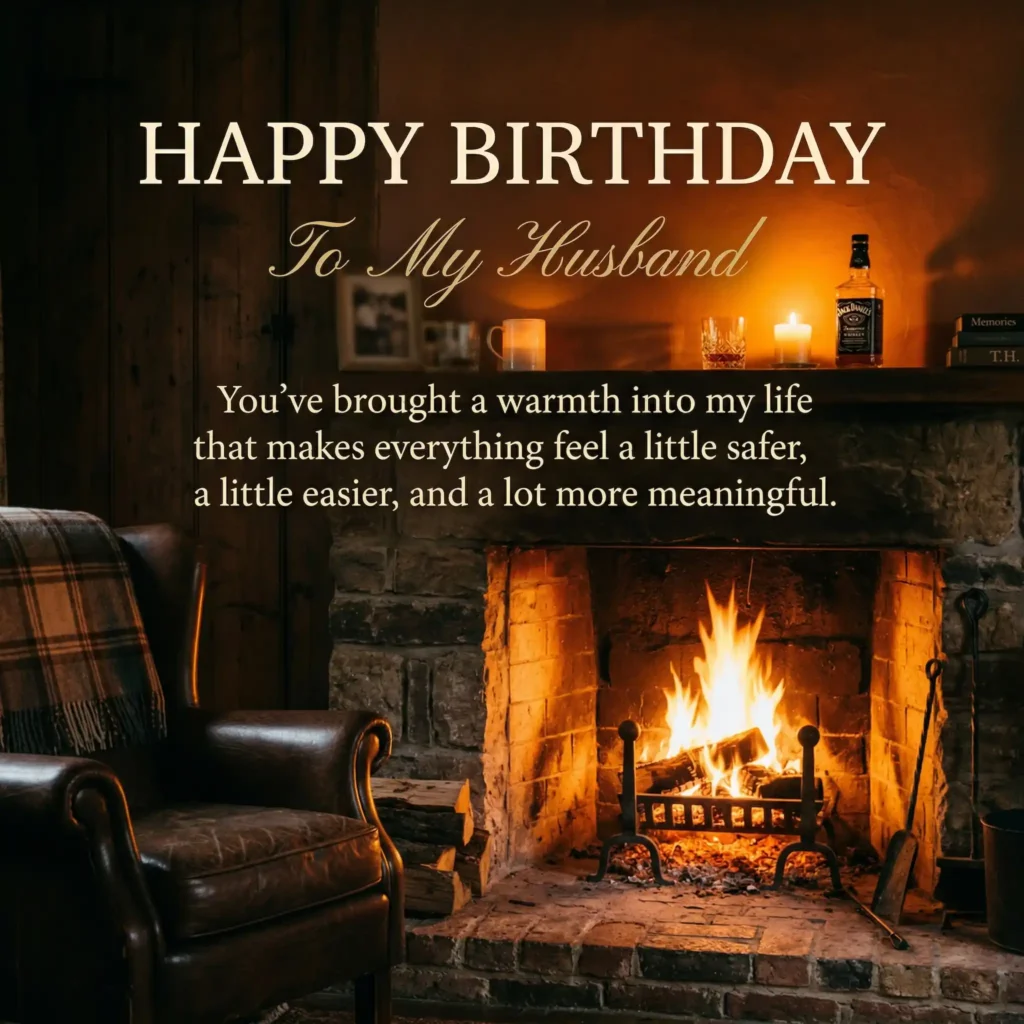 Firelight themed birthday image for husband with warm emotional message