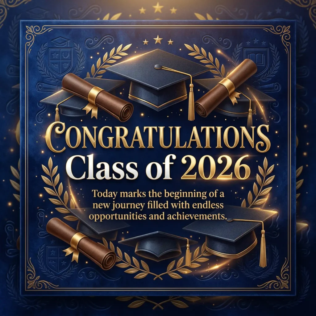 Royal blue graduation image with class of 2026 message and elegant academic theme