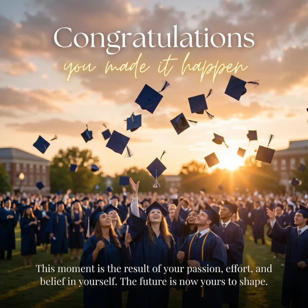 Cinematic graduation image with cap toss and inspirational message
