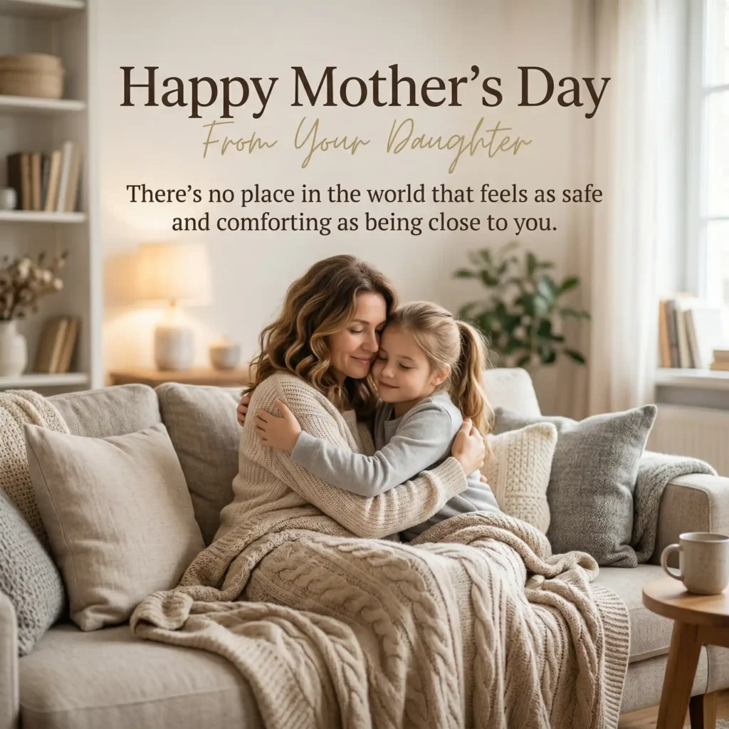 Cozy home hug mother daughter Mother’s Day image with warm emotional message
