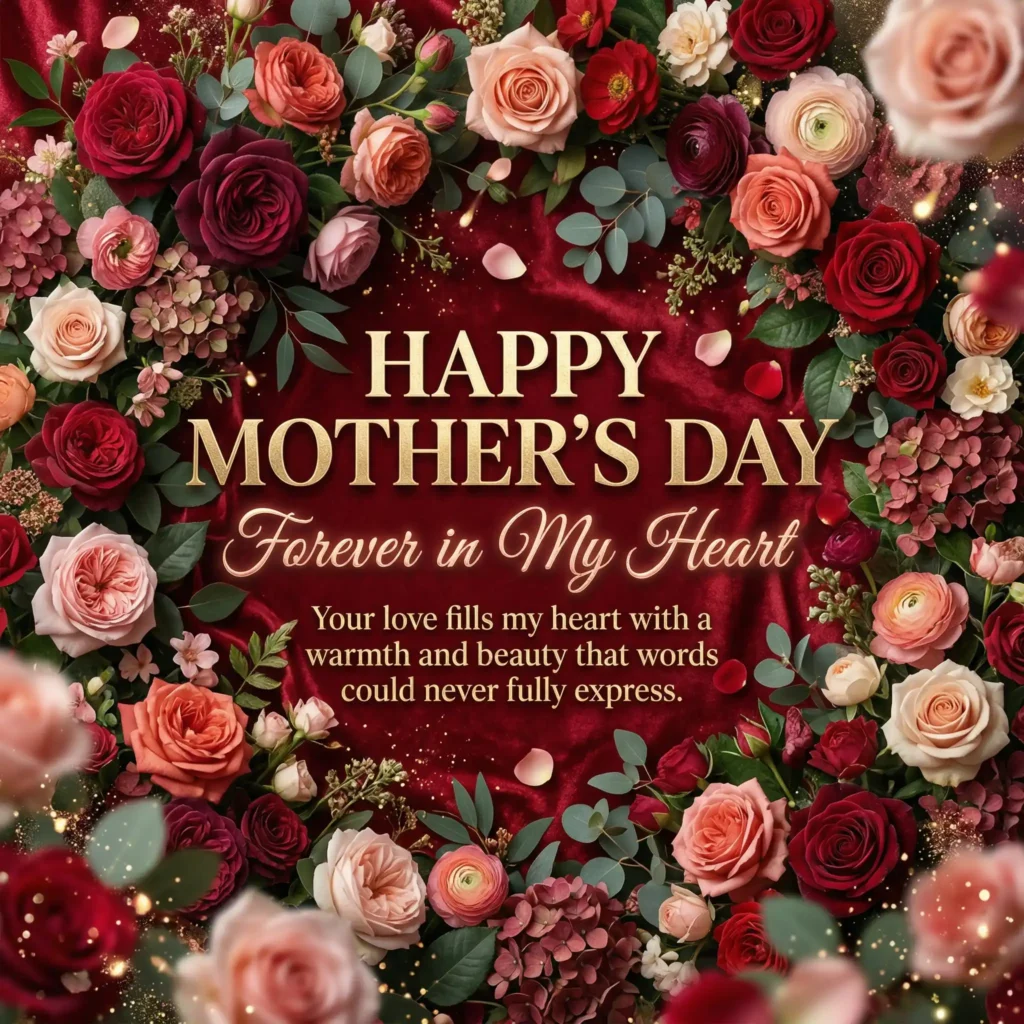 Rich red floral Mother’s Day greeting image with romantic luxurious message