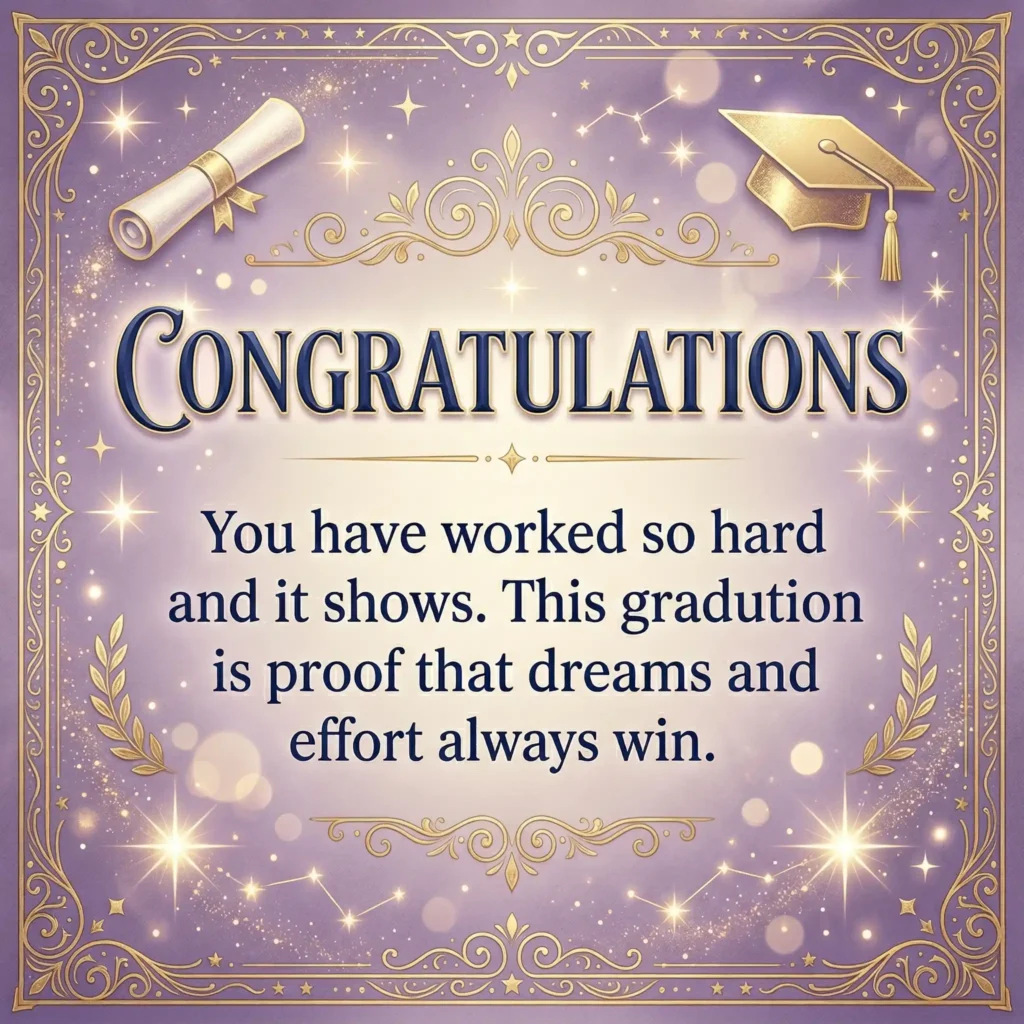 Graduation wish image with white gold background and achievement long message