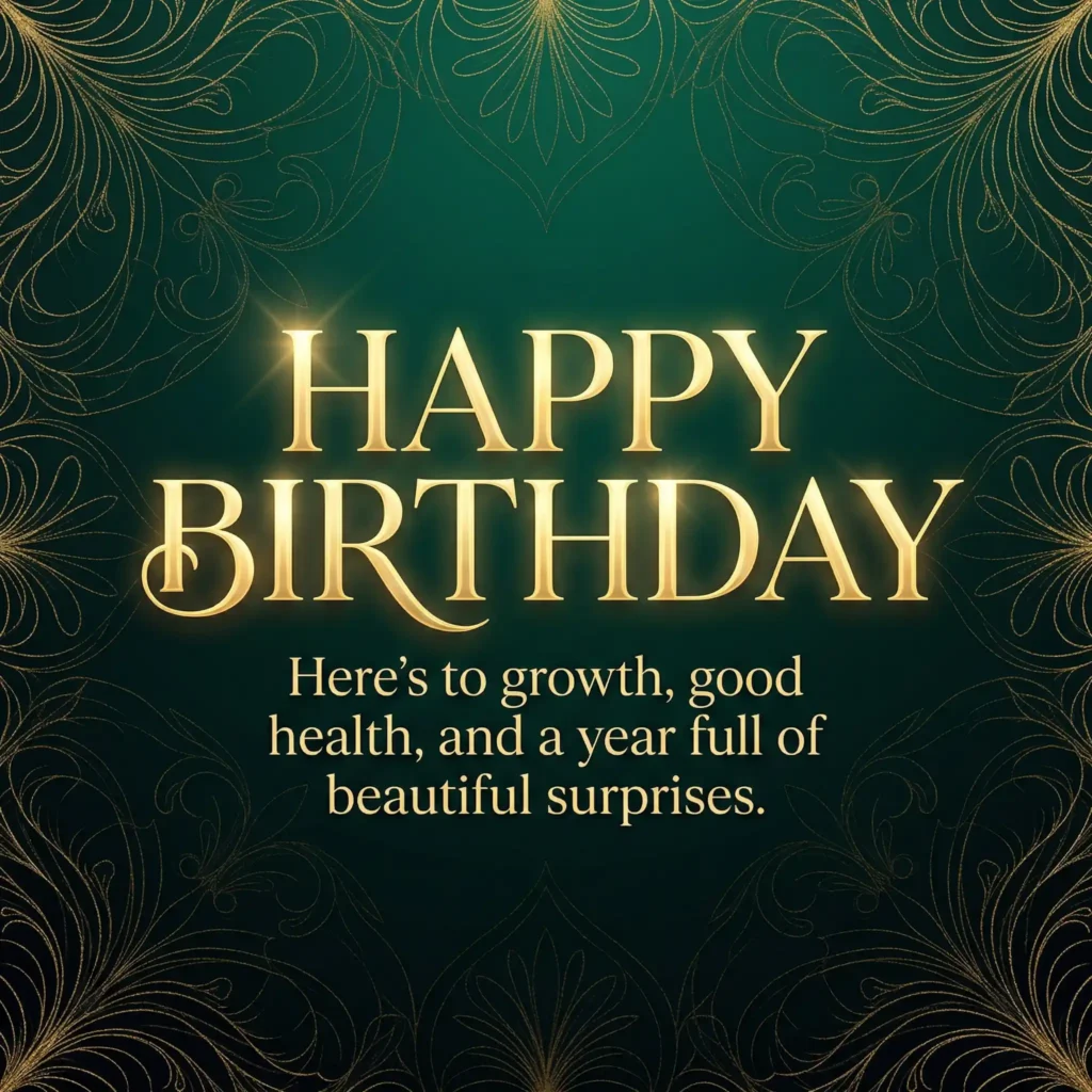 Luxury birthday wish image with emerald dark gradient and positive long message
