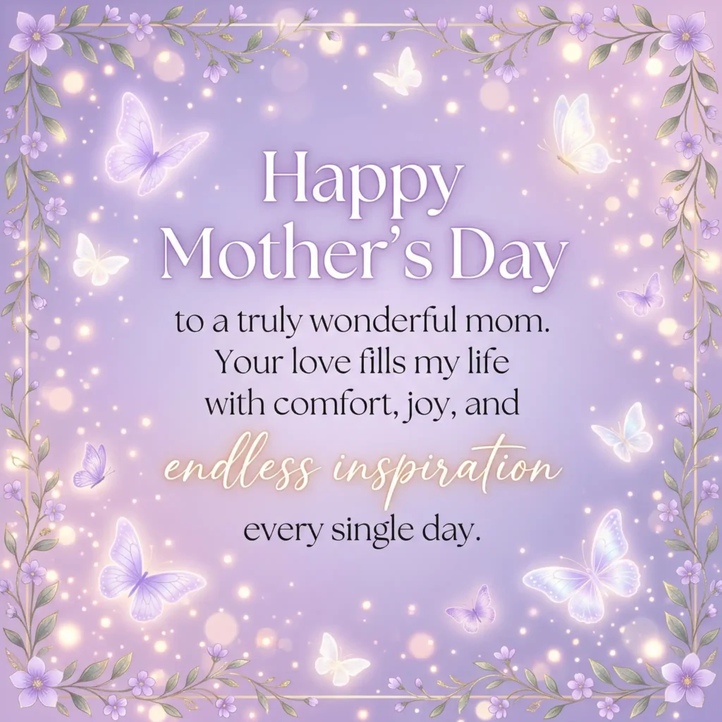 Lavender aesthetic Mother’s Day image with butterflies and glowing text