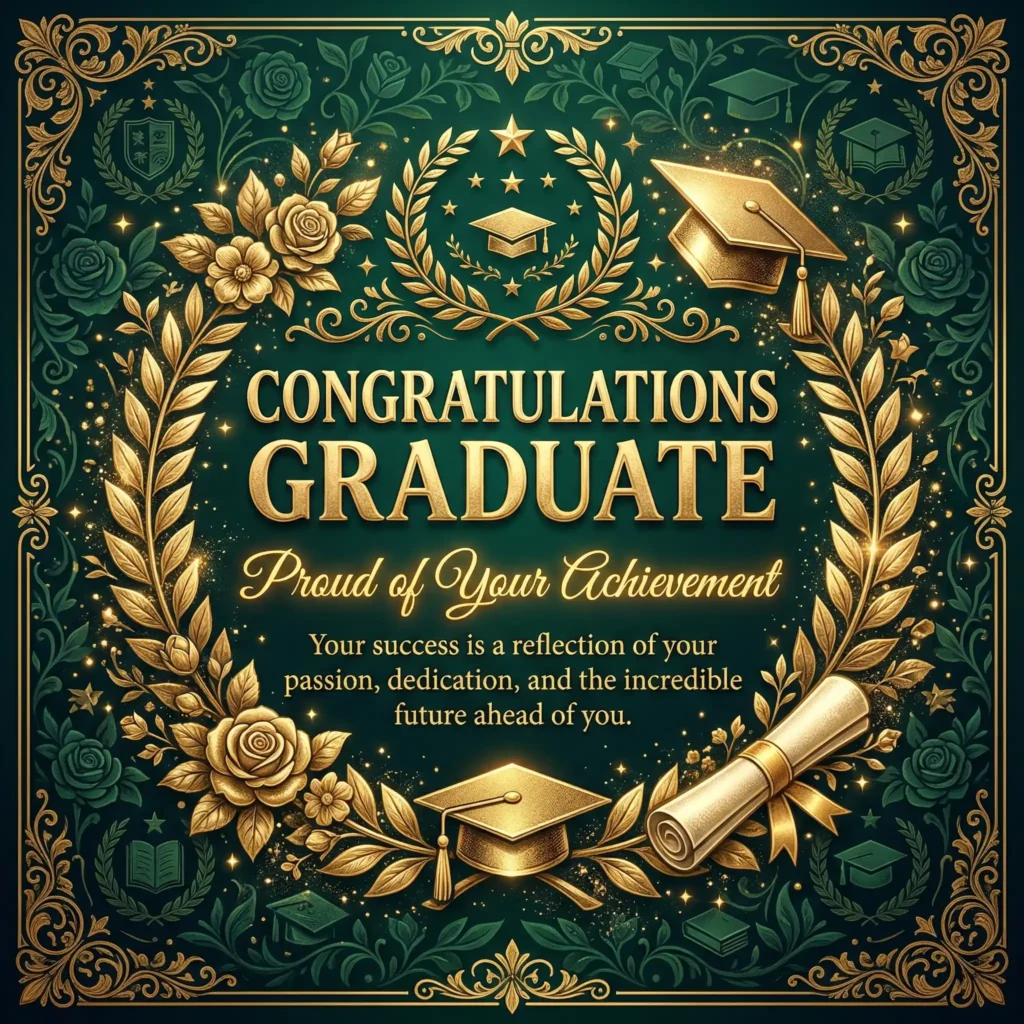 Emerald green luxury graduation image with congratulation message and rich premium design
