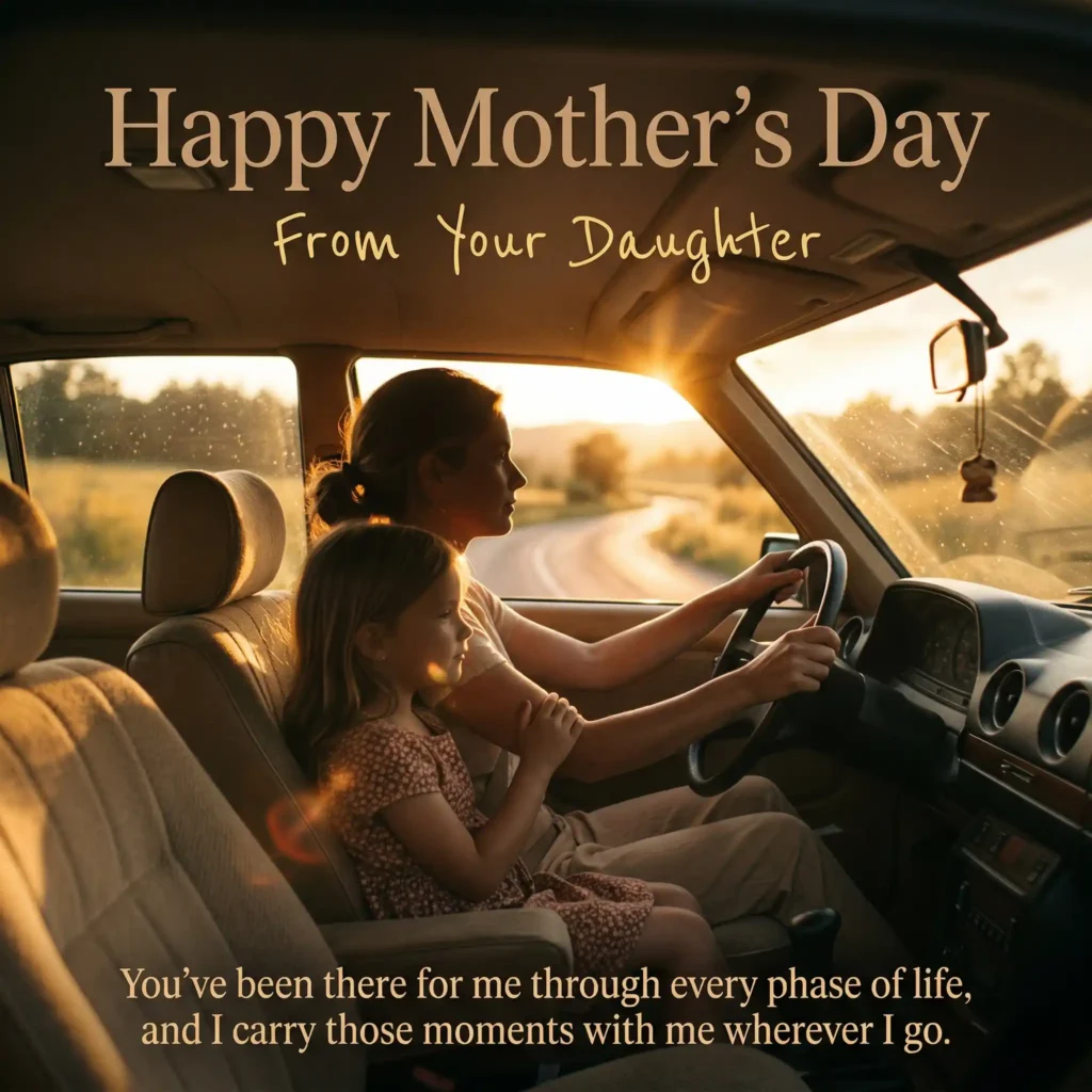 Nostalgic car ride mother daughter Mother’s Day image with emotional message