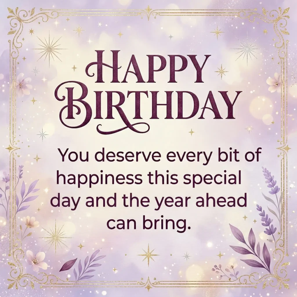 Luxury birthday wish image with lavender background and uplifting long message