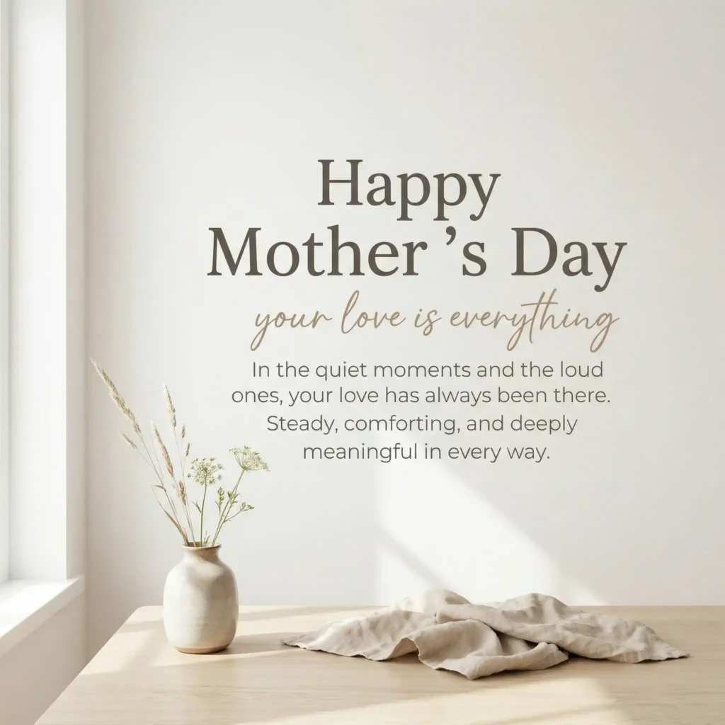 Scandinavian minimal Mother’s Day greeting image with neutral interior and soft typography