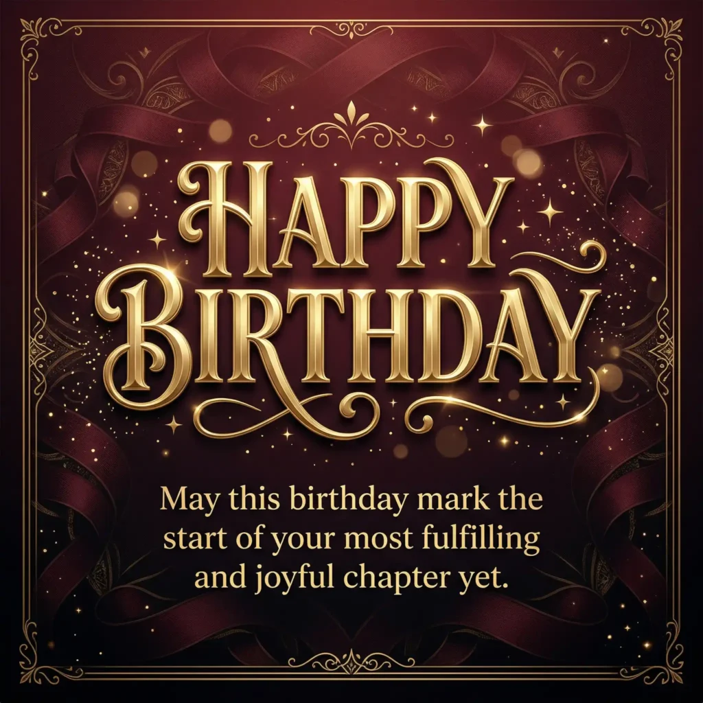 Luxury birthday wish image with burgundy dark background and hopeful long message