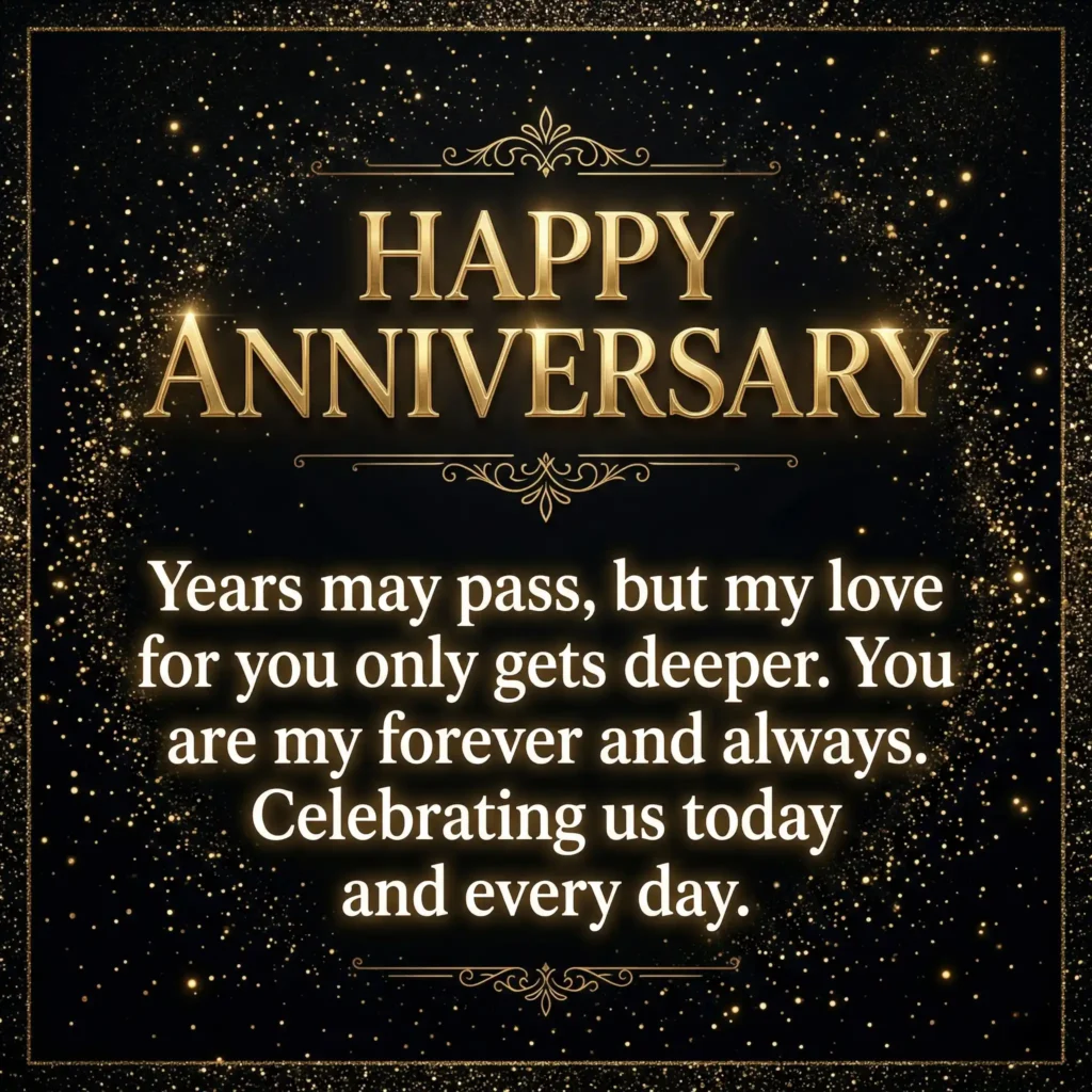 Anniversary wish image with dark black background and timeless love message