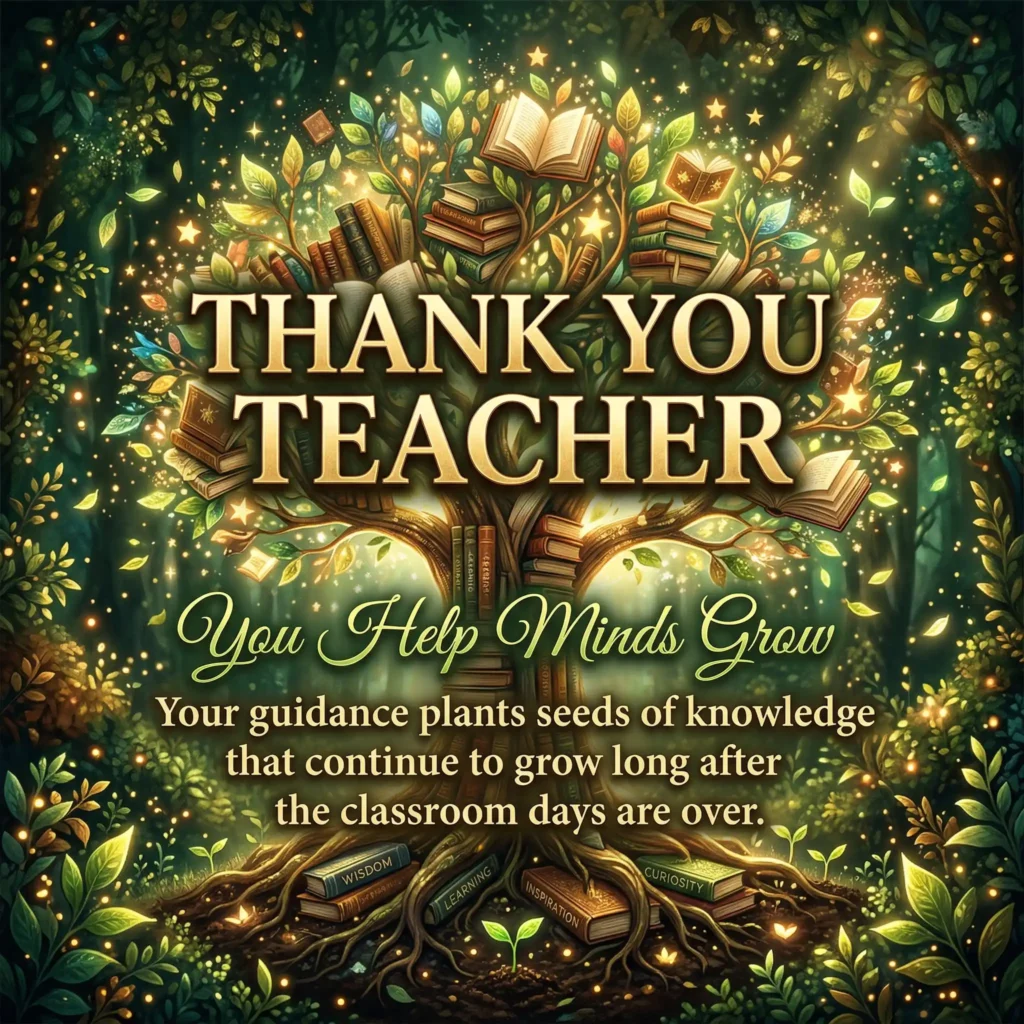 Creative knowledge tree teacher appreciation image with symbolic growth message