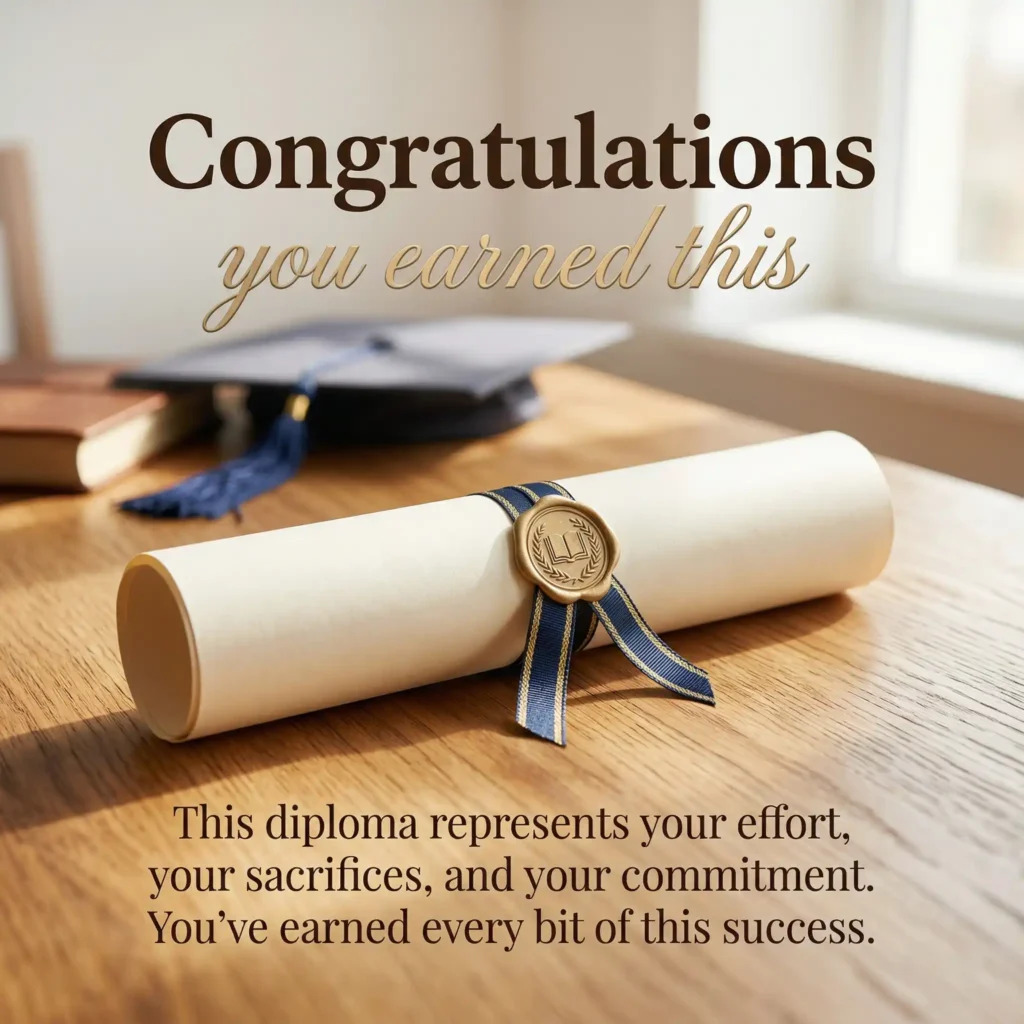 Graduation diploma image with warm tones and meaningful success message