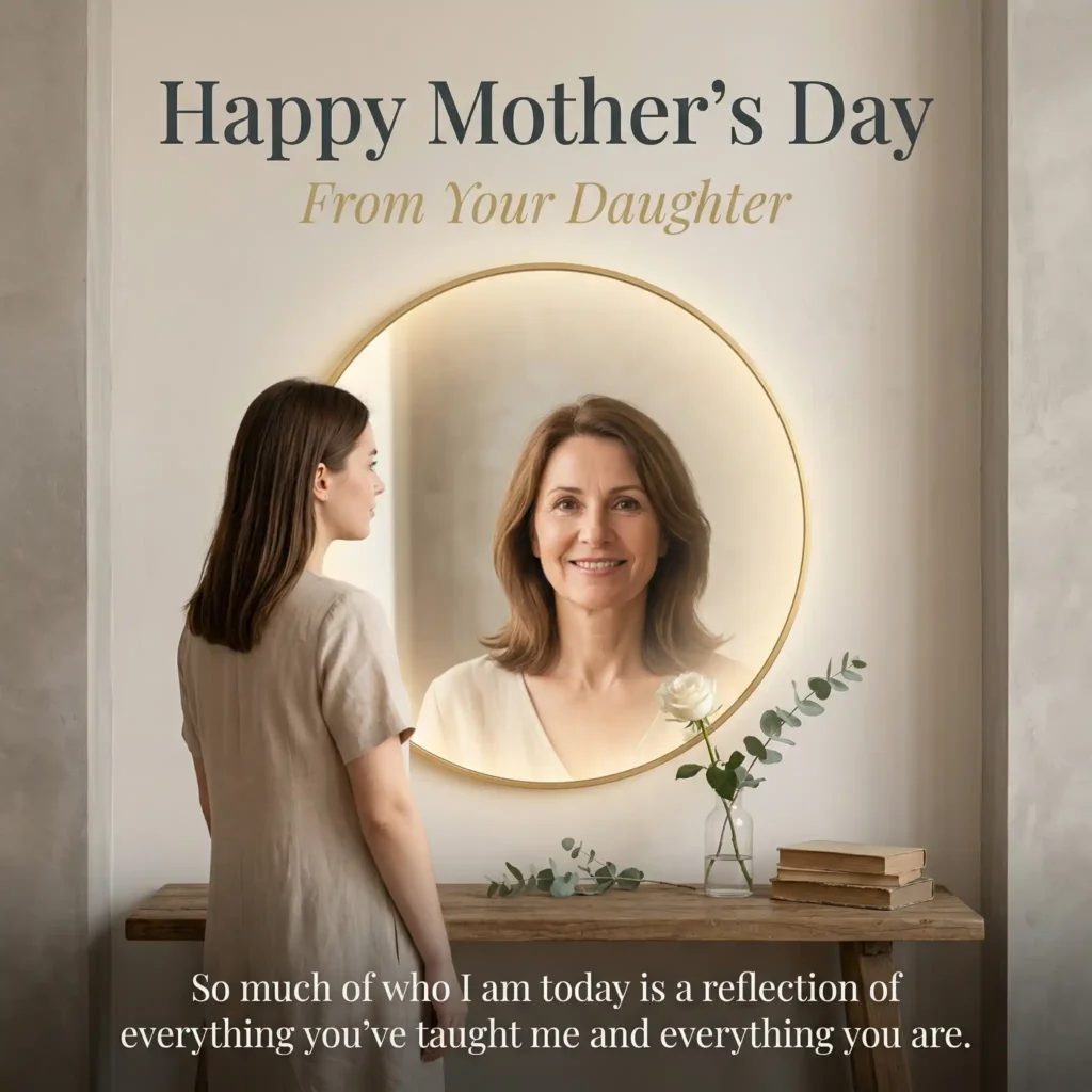 Mirror reflection symbolic Mother’s Day image showing mother daughter bond