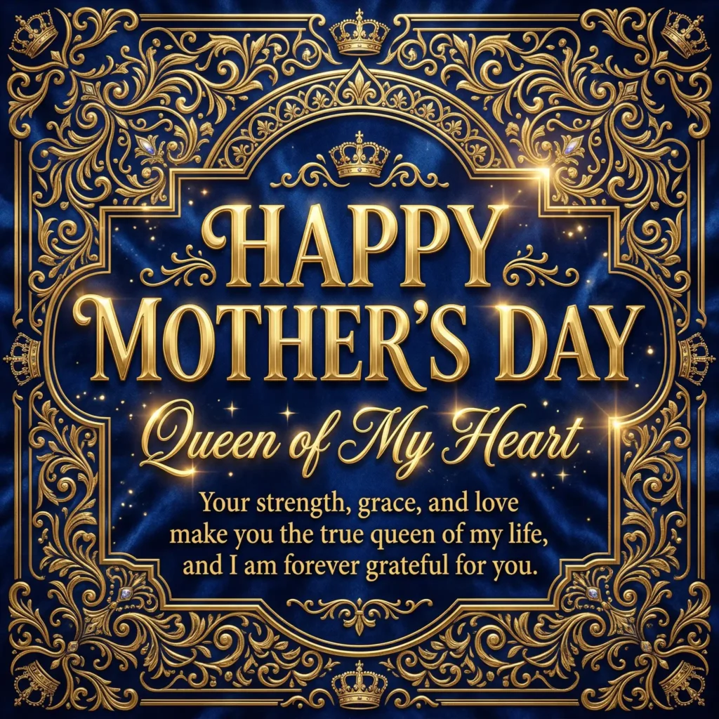 Royal blue and gold Mother’s Day greeting image with crown-inspired luxury design