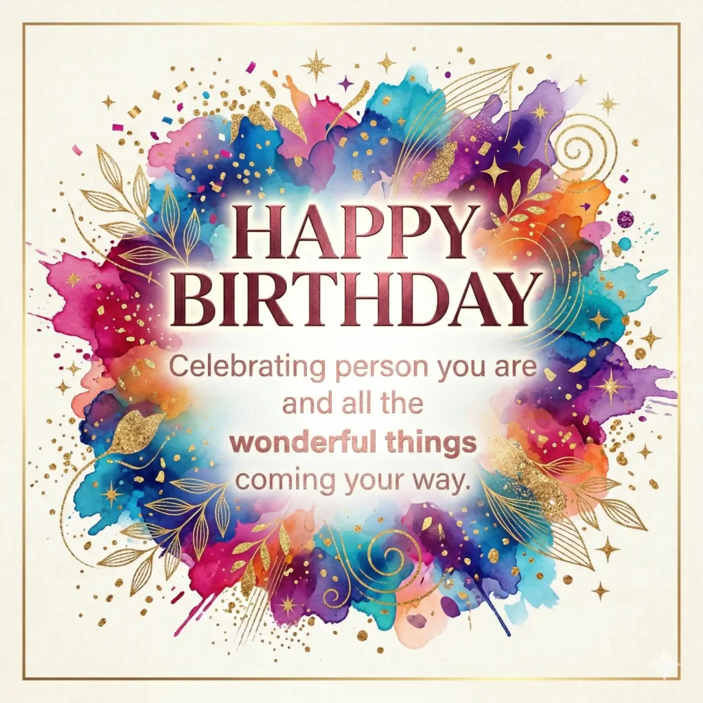 Luxury birthday wish image with vibrant splash background and celebratory long message