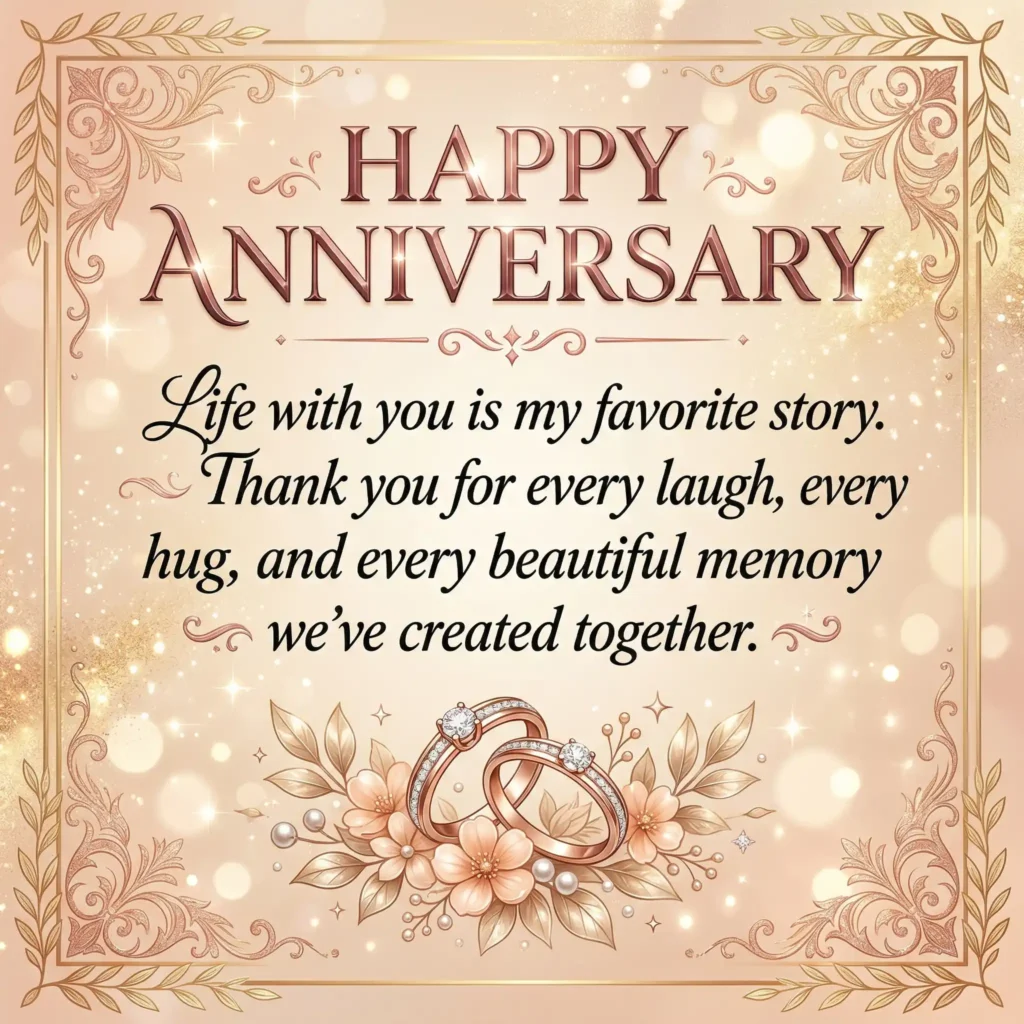 Anniversary wish image with peach light background and warm couple message