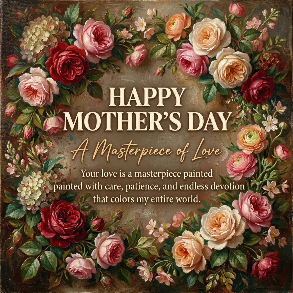 Artistic oil painting style Mother’s Day image with floral texture and emotional message