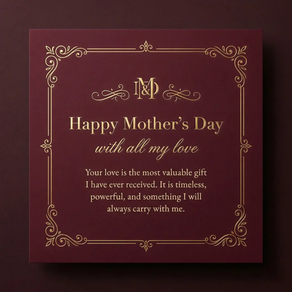 Burgundy and gold luxury Mother’s Day greeting image with elegant typography