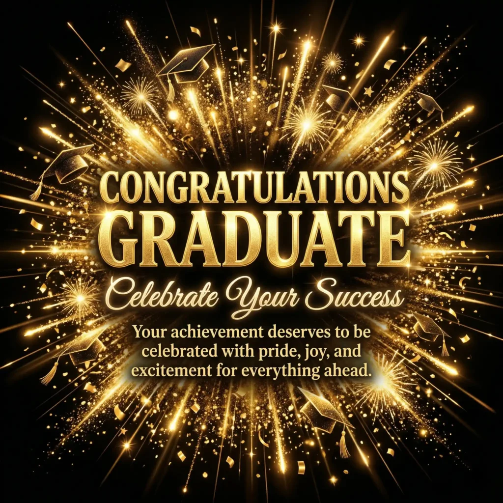Gold burst graduation image with bold celebration design and success message