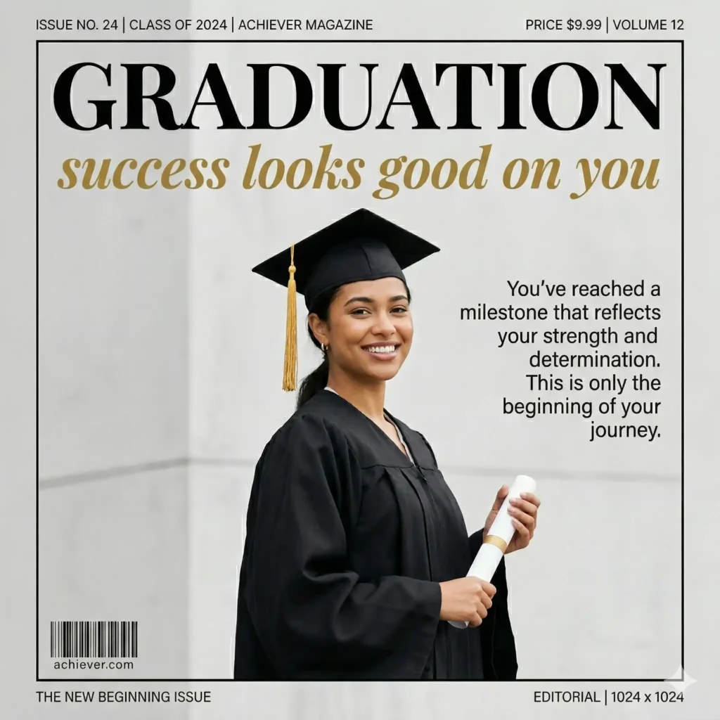 Editorial style graduation greeting image with bold typography and modern layout
