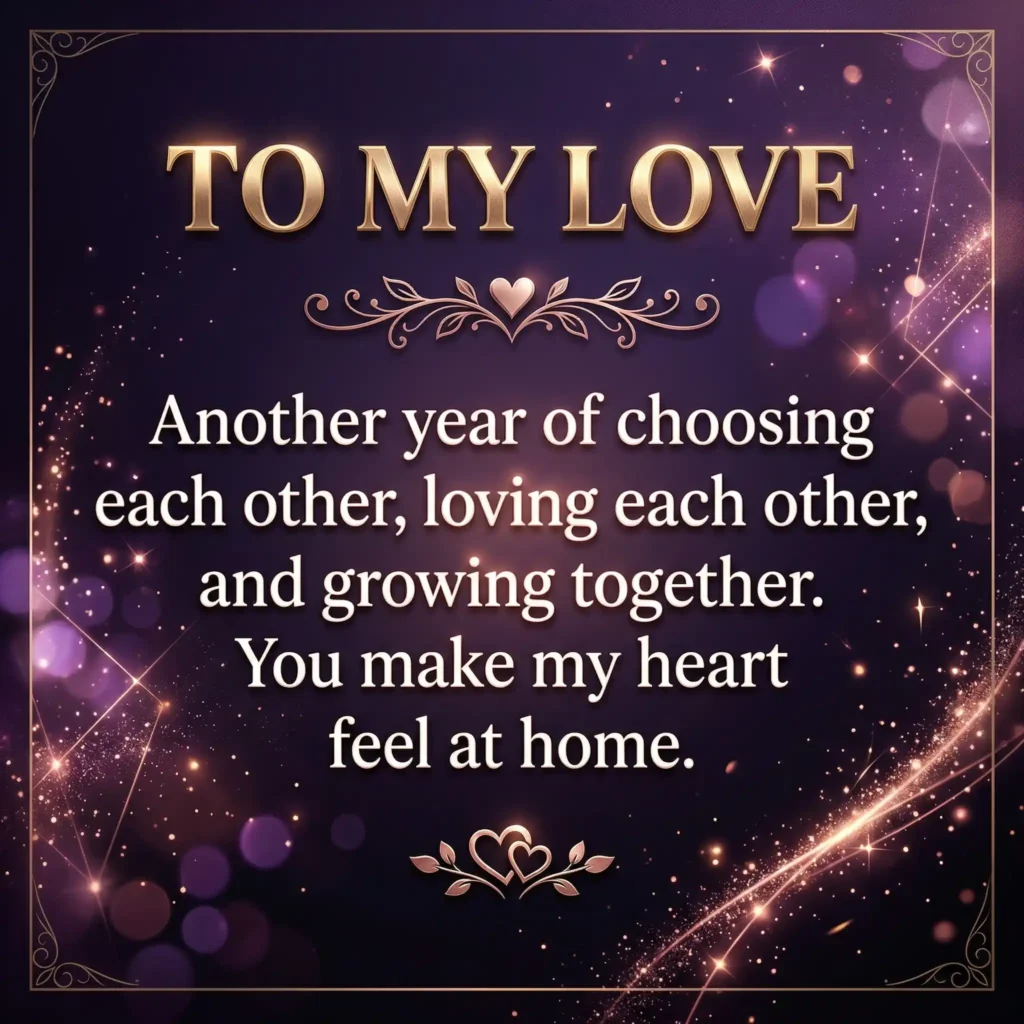 Anniversary wish image with purple dark gradient and emotional couple message
