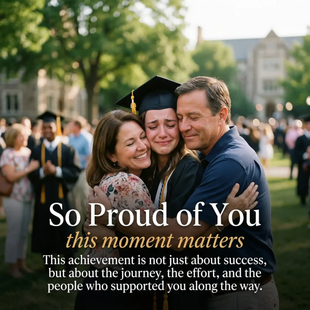 Emotional graduation image with family moment and proud message