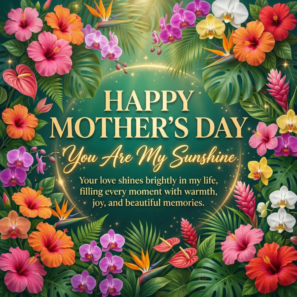 Tropical floral luxury Mother’s Day greeting image with vibrant colors and heartfelt message