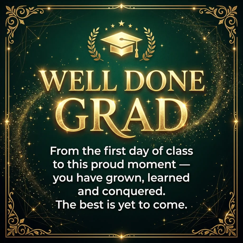 Graduation wish image with emerald dark theme and encouraging long message