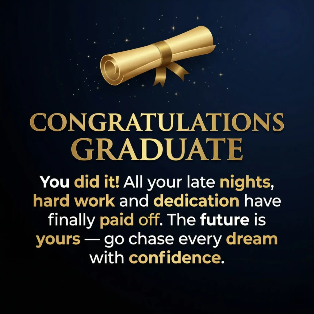 Graduation wish image with dark luxury design and long heartfelt message for Class of 2026